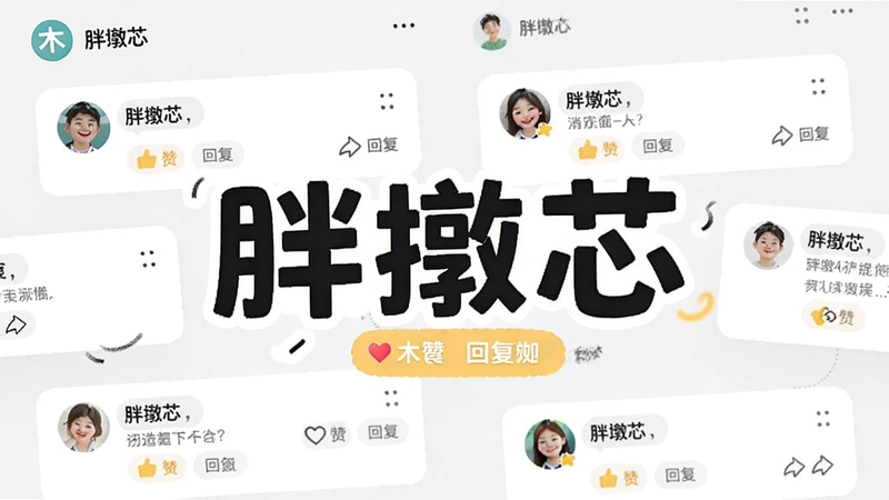 一木林App社区界面,主体为多个用户评论卡片,背景为浅灰色,布局错落有致,排版突出“胖墩芯”评测关键词,风格活泼亲切,细节展示点赞与回复图标,画质明亮,干净,无多余元素