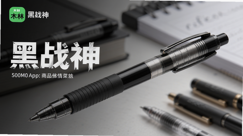 一木林App商品详情页,主体为一支黑色中性笔特写,背景虚化展示其他文具,布局聚焦产品细节,排版突出“黑战神”字样,风格商务简约,细节展现笔身金属质感,画质清晰,干净,无多余元素