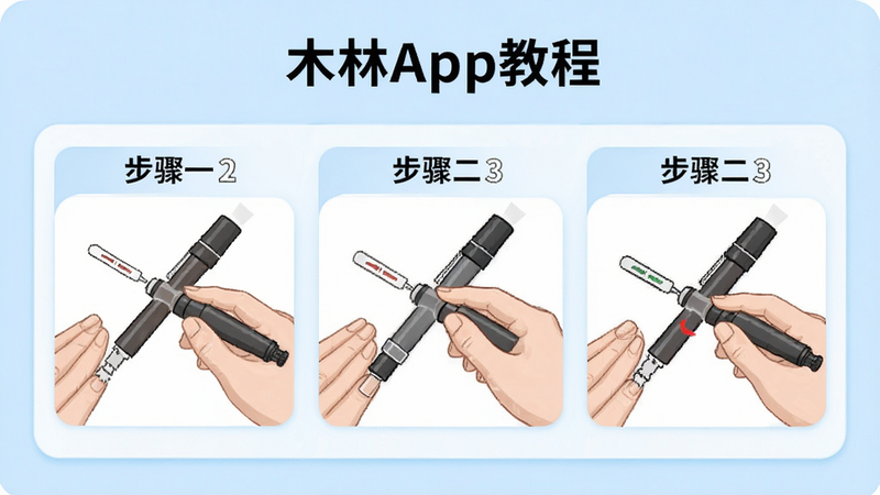 一木林App教程页面,主体为笔芯更换步骤图解,背景为浅蓝色,布局分步展示,排版清晰标注“步骤一”、“步骤二”,风格教学向,细节展示手部操作动作,画质高清,干净,无多余元素