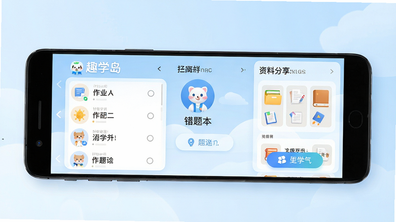����Ϊһ����Ϊ��Ȥѧ�����İ�׿APP����ȫ��չʾ�����ֲ��ñ�ƽ����Ʒ�񣬶����������ġ�Ȥѧ����Logo���в�չʾ��ҵ�б������Ȿ��ں����Ϸ�����������Ϊ��͵ĵ���ɫ���䣬������¼�Լ��ϸ�ڴ����ְ�ť�ĸ�������״̬�����ʸ��壬�ɾ����޶���Ԫ��