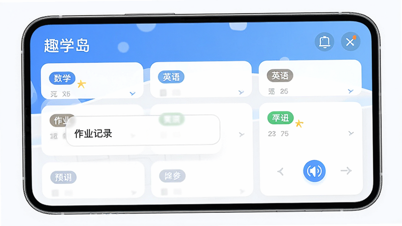 չʾ��Ȥѧ����APP����ҵ��¼���ܽ��棬����Ϊ��ҵ�б���Ƭ����������ѧ������Ӣ���ѧ�Ʊ�ǩ���������������Ű����룬����ִ���Լ��ϸ��չʾ��������������¼�ư�ť�������������ɾ����޶���Ԫ��