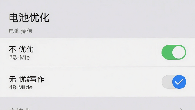 手机设置界面截图风格,显示电池优化列表,无忧写作被勾选为“不优化”,主体为设置菜单,布局清晰,排版标准,风格系统原生,细节包含开关状态,画质清晰,干净背景,文字显示