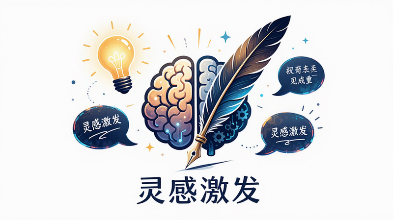 插画风格,展示一个大脑图标与羽毛笔结合,周围环绕着发光的灯泡和文字气泡,象征灵感迸发,主体居中,布局平衡,排版留白充足,风格科技感与艺术感融合,细节丰富,画质清晰,干净背景,文字标注