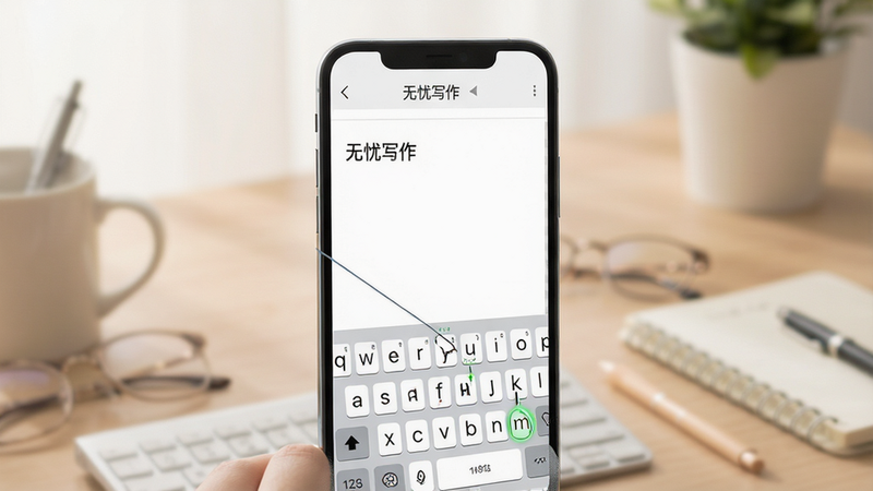 一张展示无忧写作安卓版界面的概念图,主体为手机屏幕显示简洁的文本编辑界面,背景是柔和的办公桌面,布局清晰,排版整齐,风格现代简约,细节包含键盘与光标动画,画质高清干净,无多余元素,文字显示