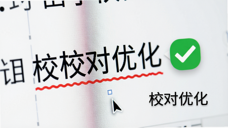特写镜头,显示文本编辑界面,部分文字被红色波浪线标记,旁边弹出绿色对勾图标表示修改成功,主体为文本行,布局紧凑,排版聚焦重点,风格专业严谨,细节包含光标闪烁,画质清晰,干净背景,文字标注