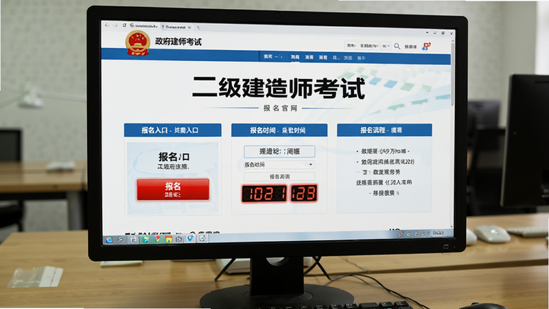 主体为电脑屏幕显示“二级建造师考试”报名官网页面,布局包含报名入口、报名时间、报名流程等模块,排版规范严谨,风格为政府网站风格,细节包含红色高亮的报名按钮与日期显示,画质清晰,界面整洁,无广告干扰