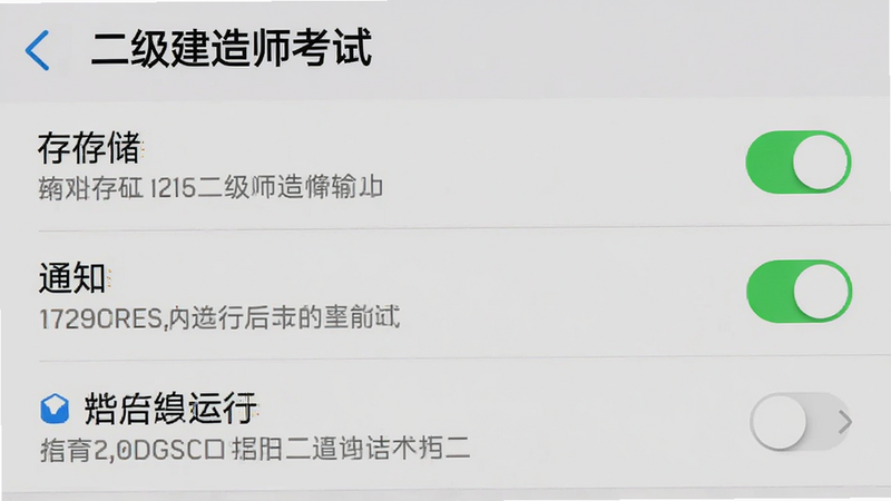 主体为手机设置界面截图,显示“二级建造师考试”APP的权限管理页面,布局包含存储、通知、后台运行等选项,排版列表式清晰,风格为系统原生UI,细节显示开关状态与说明文字,画质清晰,背景浅灰,无多余弹窗