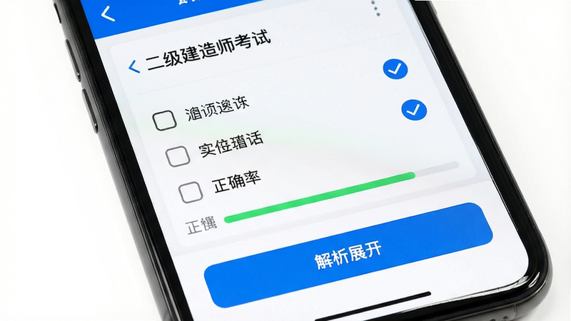 主体为手机屏幕特写,显示“二级建造师考试”APP的刷题界面,布局包含题目选项区、底部解析展开按钮,排版紧凑有序,风格为极简主义,细节显示勾选状态与正确率进度条,画质清晰,背景纯白,无其他干扰元素