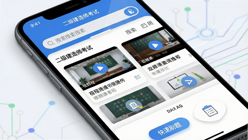 主体为一部现代智能手机,屏幕显示“二级建造师考试”应用界面,布局清晰分为顶部搜索栏、中部视频课程推荐卡片、底部快捷刷题入口,排版简洁直观,风格为扁平化商务科技风,细节包含清晰的按钮图标与柔和的阴影效果,画质高清,色彩干净,无多余装饰元素
