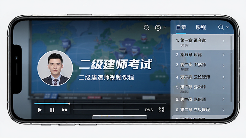 主体为手机横屏播放界面,显示“二级建造师考试”视频课程,布局包含播放控制条、章节列表侧边栏,排版符合观看习惯,风格为专业教育类,细节包含讲师头像与课程标题,画质高保真,色彩协调,无广告遮挡