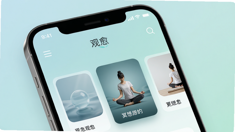 主体为智能手机界面,屏幕显示“观愈”应用首页,背景为淡雅的蓝绿色渐变,布局简洁,顶部有导航栏,中间展示冥想卡片,排版清晰,风格现代极简,细节处有柔和的光影效果,画质高清,干净,无多余元素