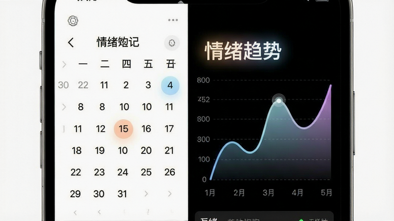 主体为手机界面,展示情绪日记功能,背景为白色,布局左侧为日历右侧为曲线图,文字“情绪趋势”高亮,排版逻辑清晰,风格数据可视化,细节处有柔和的色彩过渡,画质清晰,干净,无多余元素
