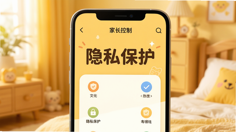 主体为手机界面,显示“家长控制”选项,背景为温馨的黄色调,布局清晰,文字“隐私保护”醒目,排版友好,风格亲切,细节处有图标点缀,画质明亮,干净,无多余元素