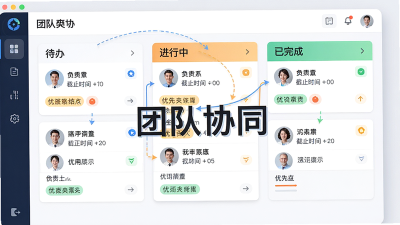 描绘专属医生医生版的团队协作界面,主体为任务看板视图,布局分为待办、进行中、已完成三列,卡片式显示任务详情,包括负责人头像、截止时间及优先级标签,风格商务高效,色彩明亮,细节处体现协作流程的顺畅,画质精致,干净,无多余元素,文字“团队协同”作为核心标识