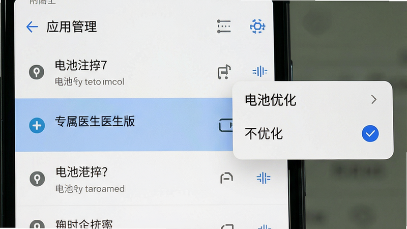 展示手机系统设置界面,主体为“应用管理”页面,布局为列表形式,高亮显示“专属医生医生版”条目,右侧弹出“电池优化”选择框,选中“不优化”选项,风格系统原生UI,细节处显示权限图标,画质清晰,干净,无多余元素,文字“电池优化”清晰可见