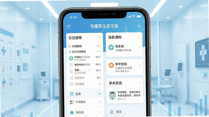 主体为专属医生医生版安卓客户端界面展示图,布局采用居中构图,背景为洁净的浅蓝色医疗科技风格,屏幕中显示清晰的医生工作台首页,包含日程安排、消息通知、学术资讯模块,界面元素扁平化设计,图标简洁明了,整体风格专业严谨,细节处体现医疗行业的洁净感,画质高清,干净,无多余元素,文字“专属医生医生版”清晰可见