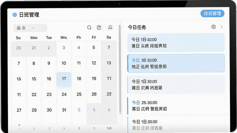 展示专属医生医生版的日程管理界面,主体为日历视图与列表视图结合,布局清晰,左侧为月份日历,右侧为具体日程条目,高亮显示今日任务,风格现代简约,色彩以白色和淡蓝色为主,细节处显示时间戳与地点信息,画质清晰,干净,无多余元素,文字“排班管理”作为功能标签出现