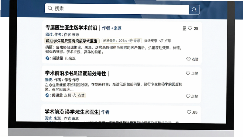 呈现专属医生医生版的学术资讯页面,主体为文章列表流,布局为瀑布流或标准列表,顶部有搜索栏,每篇文章包含标题、摘要、作者及来源标识,风格学术严谨,排版疏密有致,细节处显示阅读量与点赞数,画质高保真,干净,无多余元素,文字“学术前沿”醒目展示