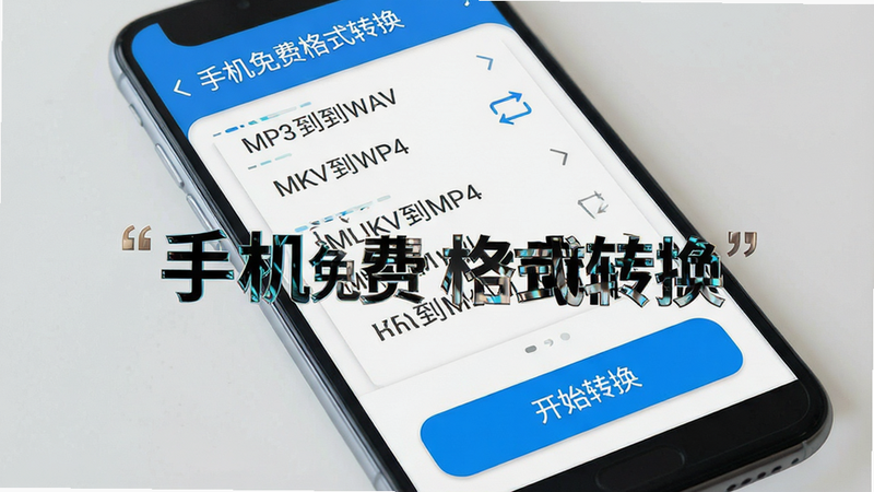 一张高清智能手机界面展示图,主体为“手机免费格式转换”APP主界面,布局清晰简洁,顶部显示软件名称,中部列出MP3到WAV、MKV到MP4等常见转换选项,底部有大号蓝色“开始转换”按钮,风格现代扁平化,细节处体现科技感,画质清晰,干净无多余元素,文字“手机免费格式转换”加引号