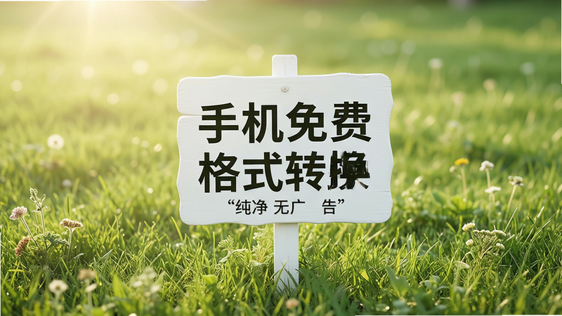 一片宁静的绿色草地,中间立着一块干净的白色牌子,上面写着“手机免费格式转换”,周围没有杂草或垃圾,布局开阔,排版自然,风格清新治愈,细节展现阳光洒落,画质柔和,干净,无多余元素,文字“纯净无广告”加引号
