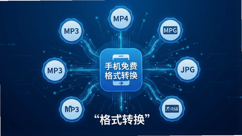 抽象的数据流可视化图,中心显示“手机免费格式转换”图标,周围环绕着代表不同格式的徽章如MP3、MP4、JPG,布局呈放射状,排版对称,风格极简科技蓝,细节展现数据流动效果,画质高清,干净,无多余元素,文字“格式转换”加引号