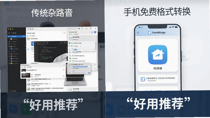 对比图表,左侧是杂乱复杂的传统软件界面,右侧是“手机免费格式转换”简洁界面,布局对比鲜明,排版突出右侧优势,风格现代商业风,细节显示右侧无广告图标,画质高清,干净,无多余元素,文字“好用推荐”加引号