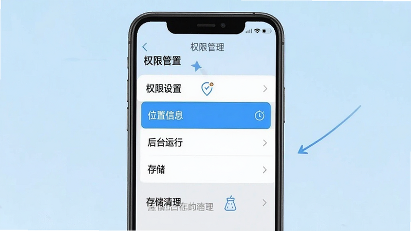 主体为摩刻健身App的设置页面与权限管理界面截图,手机屏幕显示“权限管理”列表,高亮显示“位置信息”、“后台运行”、“存储”等选项,背景为简洁的浅蓝色,布局清晰,文字标注“权限设置”、“后台白名单”、“存储清理”,风格直观易懂,细节体现操作指引,画质清晰,无杂乱元素