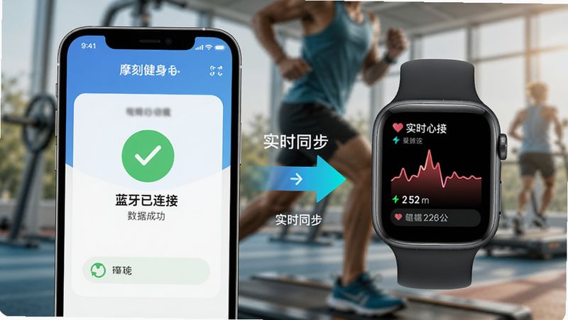 主体为摩刻健身App与智能手表联动的场景,左侧为手机屏幕显示连接成功状态,右侧为智能手表表盘显示实时心率数据,背景为运动场景虚化,强调两者的数据同步箭头图标,布局平衡对称,文字标注“蓝牙已连接”、“实时同步”,风格现代简约,细节体现连接稳定性,画质清晰,无多余装饰
