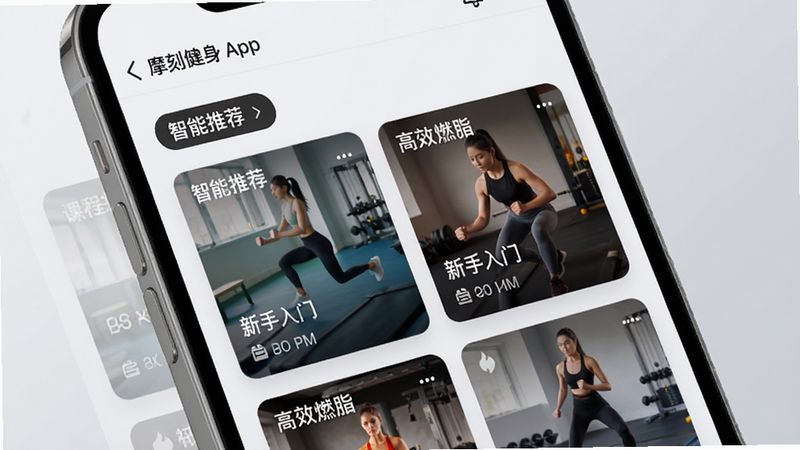 主体为摩刻健身App的课程推荐页面特写,手机屏幕显示“智能推荐”标签,下方排列着不同难度等级的健身课程卡片,卡片上有动图预览及时长标记,背景为柔和的浅灰色渐变,突出屏幕内容,布局清晰,文字标注“智能推荐”、“新手入门”、“高效燃脂”,风格简洁现代,细节丰富,画质清晰,无杂乱背景