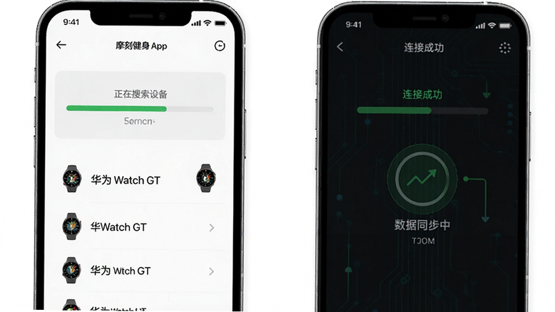 主体为摩刻健身App连接华为手表的界面示意图,手机屏幕显示“正在搜索设备”进度条,下方列出“华为Watch GT”等选项,旁边配有华为手表图标,背景为白色,布局清晰,文字标注“连接成功”、“数据同步中”,风格现代科技,细节体现连接过程,画质高清,无多余干扰