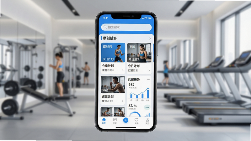 主体为摩刻健身App的手机界面展示图,背景为简约现代健身室虚化场景,手机屏幕清晰显示首页课程推荐模块与运动数据仪表盘,界面UI采用清新蓝白配色,布局整洁有序,包含顶部搜索栏、中部网格状课程卡片、底部导航栏,文字标注“摩刻健身”、“今日计划”、“数据报告”,风格扁平化设计,细节处体现科技感线条,画质高清4K,干净无多余元素