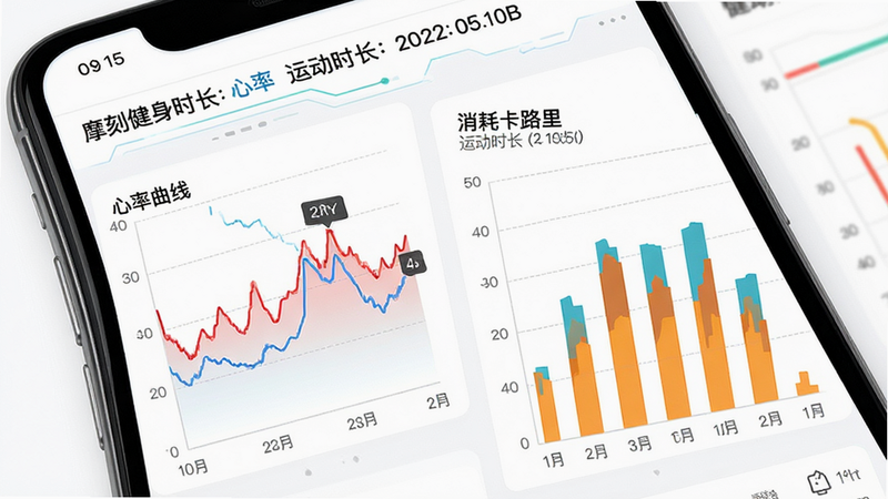 主体为摩刻健身App的数据报告页面,手机屏幕显示折线图与柱状图,分别代表心率变化与卡路里消耗,色彩鲜明易读,顶部显示总运动时长与日期,背景为纯白色,突出数据图表的清晰度,布局专业严谨,文字标注“心率曲线”、“消耗卡路里”、“运动时长”,风格科技感强,细节精确,画质高清,无干扰元素