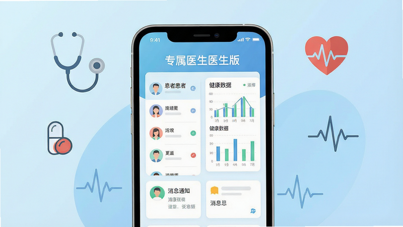 һ�Ÿ����ƽ�����廭������չʾһ���ִ������ֻ�����Ļ����ʾ��ר��ҽ��ҽ���桱��Ӧ�ý��棬������������б�����������ͼ������Ϣ֪ͨģ�顣����Ϊ��͵�ҽ��������ɫ����Χ��������������ҩ����ĵ�ͼ�ߵȼ���ͼ��Ԫ�ء����岼�־��У��Ű����࣬ϸ�ھ��£������������ɾ��޶���Ԫ�ء�