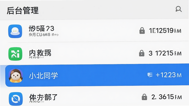 ����Ϊ�ֻ���̨�������棬����Ϊ�б���ʾӦ�ý��̣�������ʾС��ͬѧ��Ŀ���Ű����������Ϊϵͳԭ��UI��ϸ��չʾ����ͼ����ڴ�ռ����ֵ�������������ɾ����޶���Ԫ�أ�������ʾ����̨������