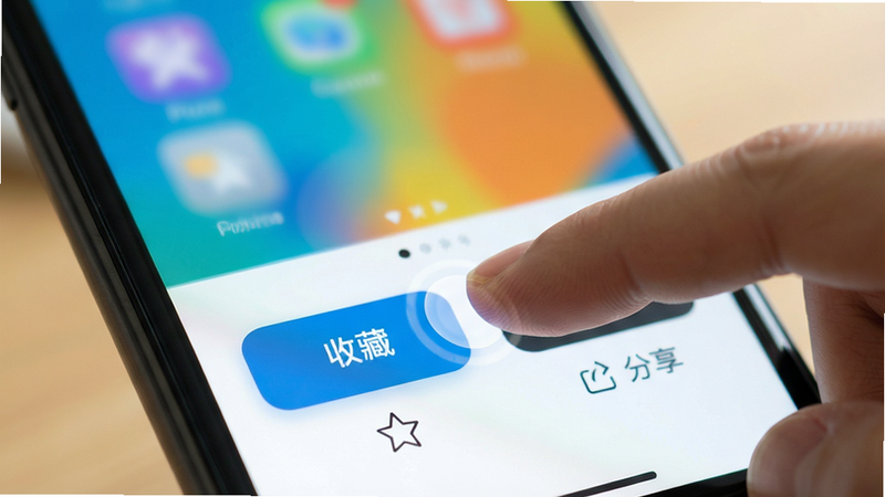 手机操作界面演示,主体为手指点击“收藏”和“分享”按钮的动作,布局聚焦于屏幕下半部分,风格现代简约,按钮高亮显示,细节展现点击反馈效果,背景柔和模糊,突出交互动作,高质量,色彩明快