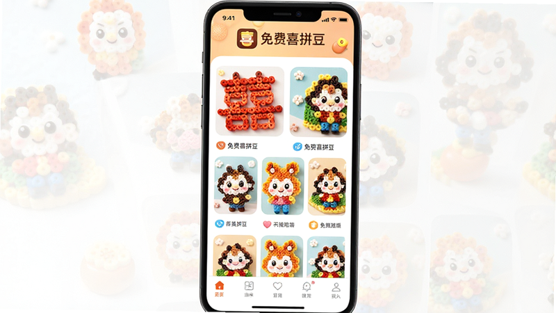 一张高清手机应用界面展示图,主体为“免费喜拼豆”APP首页,布局清晰,顶部显示软件名称Logo,中间区域展示多个精美的拼豆图案缩略图,包括红色的“喜”字和卡通形象,底部为导航栏,整体风格温馨明亮,色彩鲜艳,背景干净,无多余元素,高质量,细节丰富,8k分辨率