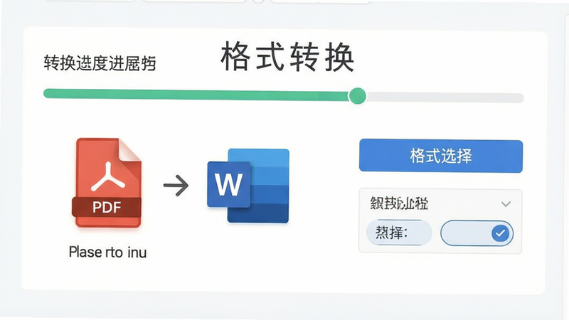 主体为文件转换界面,布局展示转换进度条与格式选择按钮,排版简洁直观,风格商务高效,细节显示PDF文件图标正在变为Word图标,文字显示为“格式转换”,画质高,干净,无多余元素