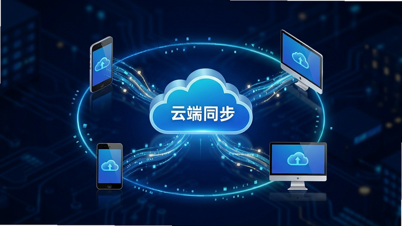 主体为云端同步示意图,布局中心为云朵图标,周围连接手机、平板与电脑图标,排版呈环形结构,风格科技感强,细节显示数据流动的光效,文字显示为“云端同步”,画质清晰,干净,无多余元素