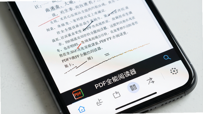 主体为手机屏幕特写,显示PDF全能阅读器界面,布局清晰,排版整洁,风格简约现代,细节展示清晰的高清PDF页面及底部工具栏,文字显示为“PDF全能阅读器”,画质高清,干净,无多余元素