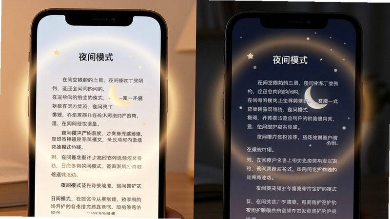 主体为手机屏幕对比图,左侧为日间模式,右侧为夜间护眼模式,布局左右对称,排版展示文档段落,风格温馨舒适,细节显示柔和的光晕效果,文字显示为“夜间模式”,画质细腻,干净,无多余元素