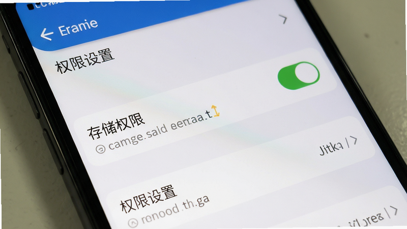 主体为手机设置界面截图,布局展示权限管理列表,排版清晰,风格系统原生,细节显示“存储权限”已开启状态,文字显示为“权限设置”,画质清晰,干净,无多余元素
