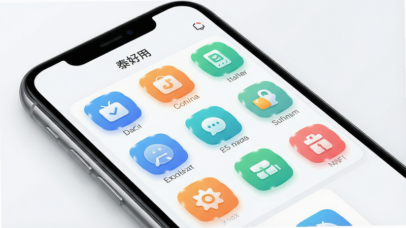 一张展示泰好用APP核心界面的概念图,主体为手机屏幕,显示清晰的功能图标网格,布局整洁有序,风格现代简约,细节包含柔和的阴影和高光效果,画质高清,干净无多余元素,文字显示为“泰好用”