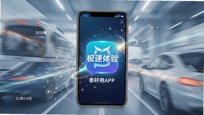 一张表现速度感的泰好用APP概念图,主体为手机界面,背景带有动态模糊线条,布局聚焦于屏幕中央,风格科技感强,细节包含光效粒子,画质细腻,干净,文字显示为“极速体验”