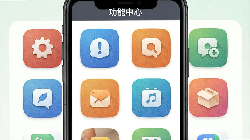 一张泰好用APP功能聚合界面的示意图,主体为手机屏幕,展示多个彩色功能图标,布局呈矩阵排列,风格扁平化,细节突出图标质感,画质清晰,干净,文字显示为“功能中心”
