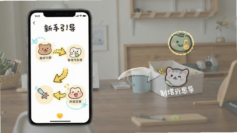 一张泰好用APP新手引导界面的概念图,主体为手机屏幕,显示步骤指引箭头,布局引导性强,风格友好亲切,细节包含高亮标记,画质高,干净,文字显示为“新手引导”