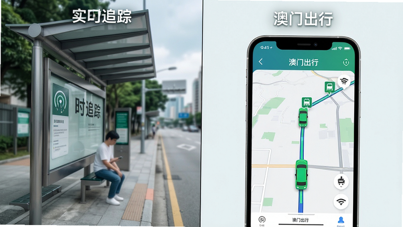 主体为分屏对比图,左侧显示传统公交站牌等待场景,右侧显示“澳门出行”APP界面中实时车辆位置追踪地图,布局左右对称,排版清晰,风格现代科技风,细节展示绿色车辆图标在路线上移动,画质清晰,干净,无多余元素,文字包含“实时追踪”、“澳门出行”