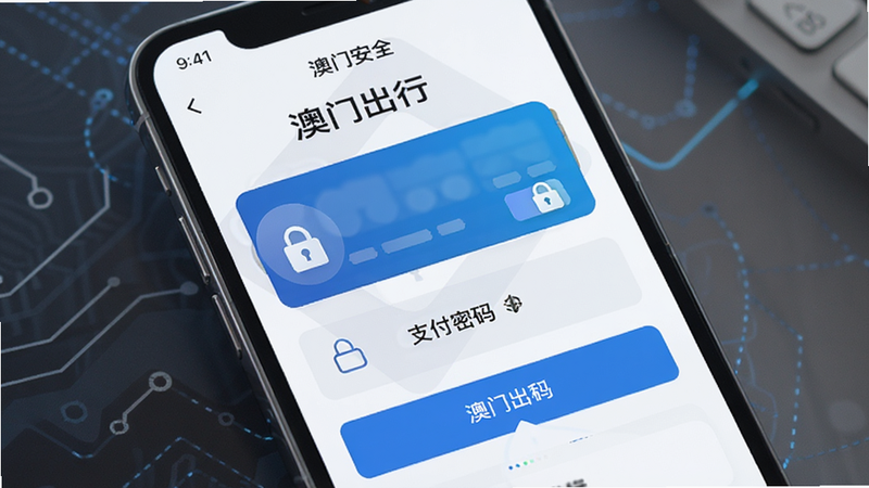 主体为手机界面展示,显示“澳门出行”APP内的支付设置页面,布局包含银行卡绑定、支付密码修改选项,排版简洁明了,风格安全科技感,细节展示锁形图标,画质清晰,干净,无多余元素,文字包含“支付安全”、“澳门出行”