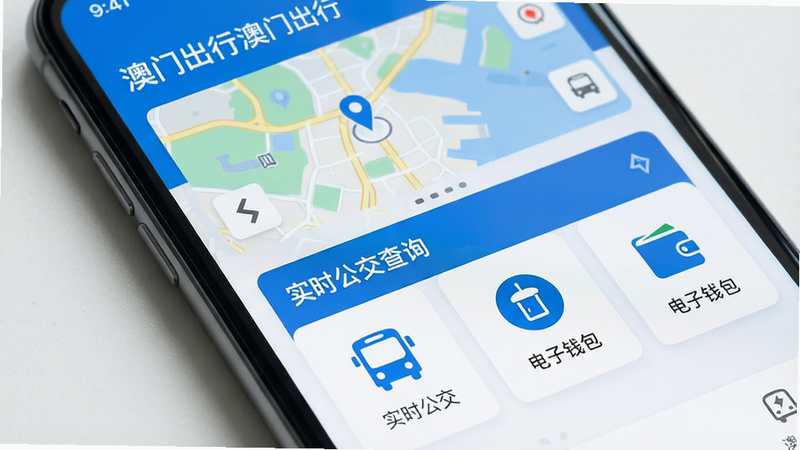 主体为手机屏幕特写,显示“澳门出行”APP首页界面,布局清晰包含地图导航、实时巴士查询、电子支付三个核心模块,排版采用扁平化设计风格,色彩以蓝白为主色调,细节展示清晰的图标与文字标签,画质高清,干净,无多余元素,文字内容包含“澳门出行”、“实时公交”、“电子钱包”