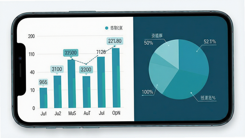 主体为手机屏幕,显示数据统计页面,布局为左右分栏,左侧为柱状图,右侧为饼图,配色为蓝绿色系,排版整齐,风格现代简约,细节处有数据标签,画质高清,干净,无多余元素