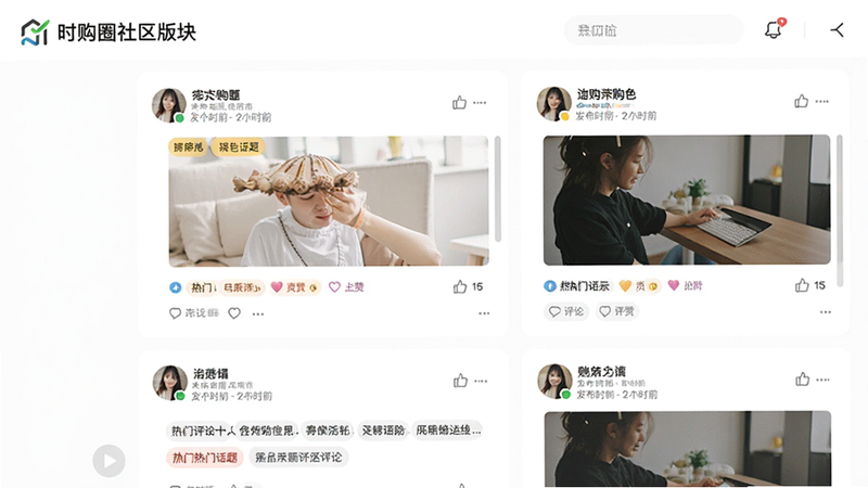 ����Ϊʱ��Ȧ���������棬����Ϊ��Ϣ����ʽ��չʾ�û����������ӿ�Ƭ������ͷ���ǳơ�����ʱ�估�����������Ϊ���¼�Լ�׵ף�ϸ�ڰ������Ż����ǩ������Ԥ���������������ɾ����޶���Ԫ��